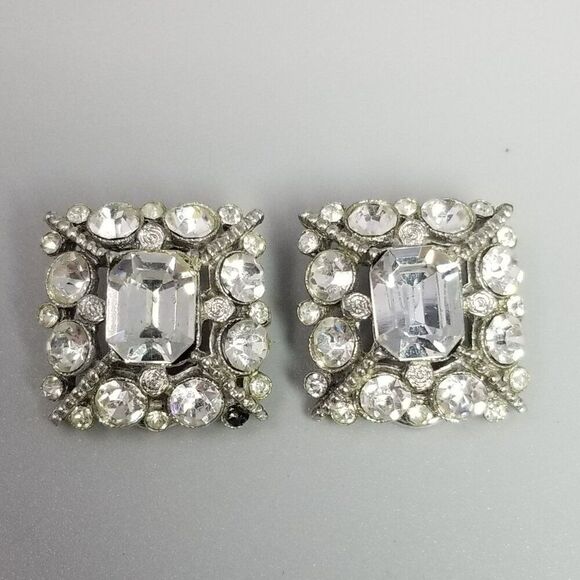 Vintage Rhinestone Cluster Clip On Earrings, Silver Tone Square Shape, Retro - Picture 8 of 8